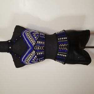 Glamour Dance Costume Black Blue Silver rhinestone adult L 2 piece